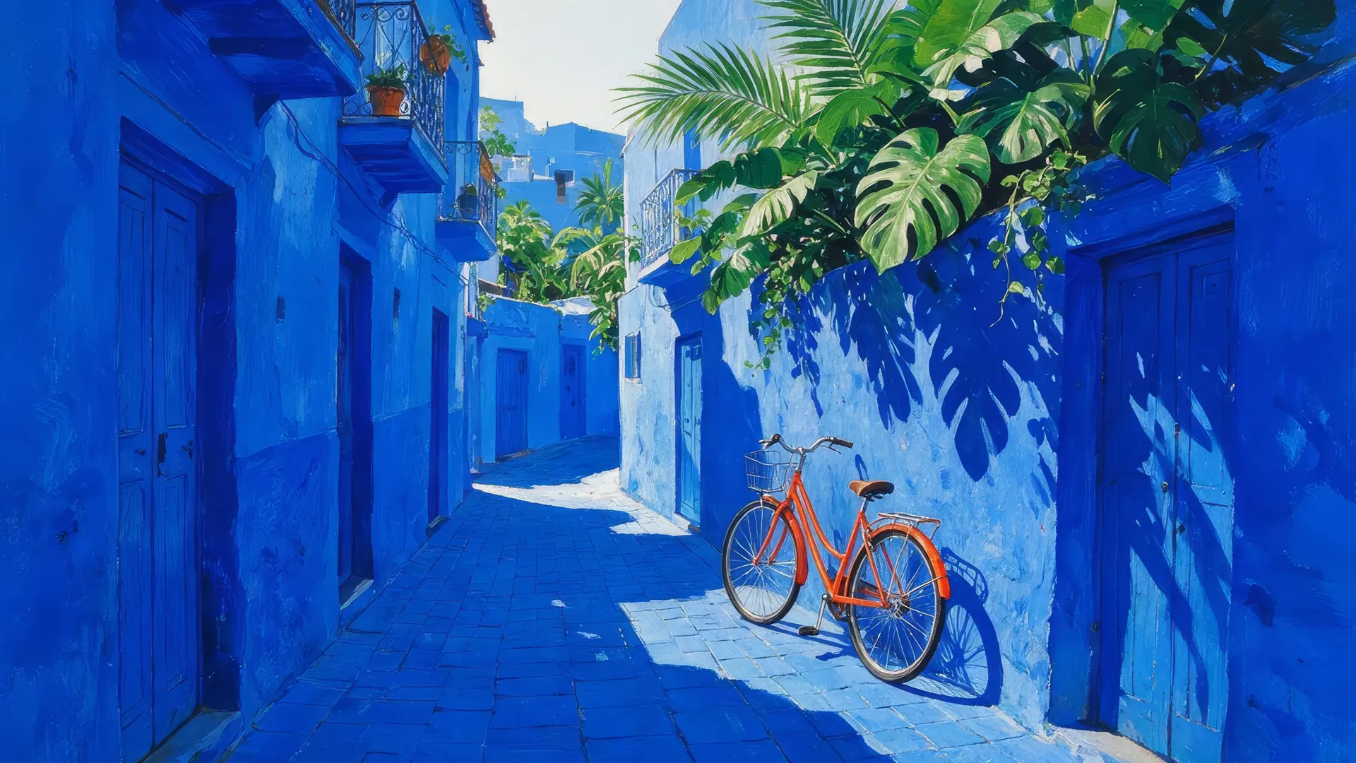 Blue Alleyway Bicycle Under Tropical Summer Light - backiee