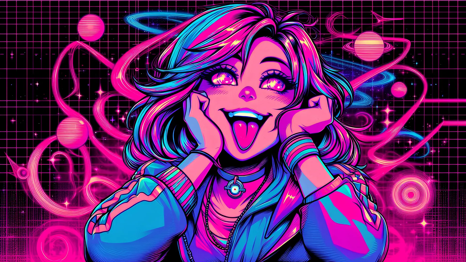 Neon Dreamscape Anime Girl in Retro Futurism - backiee