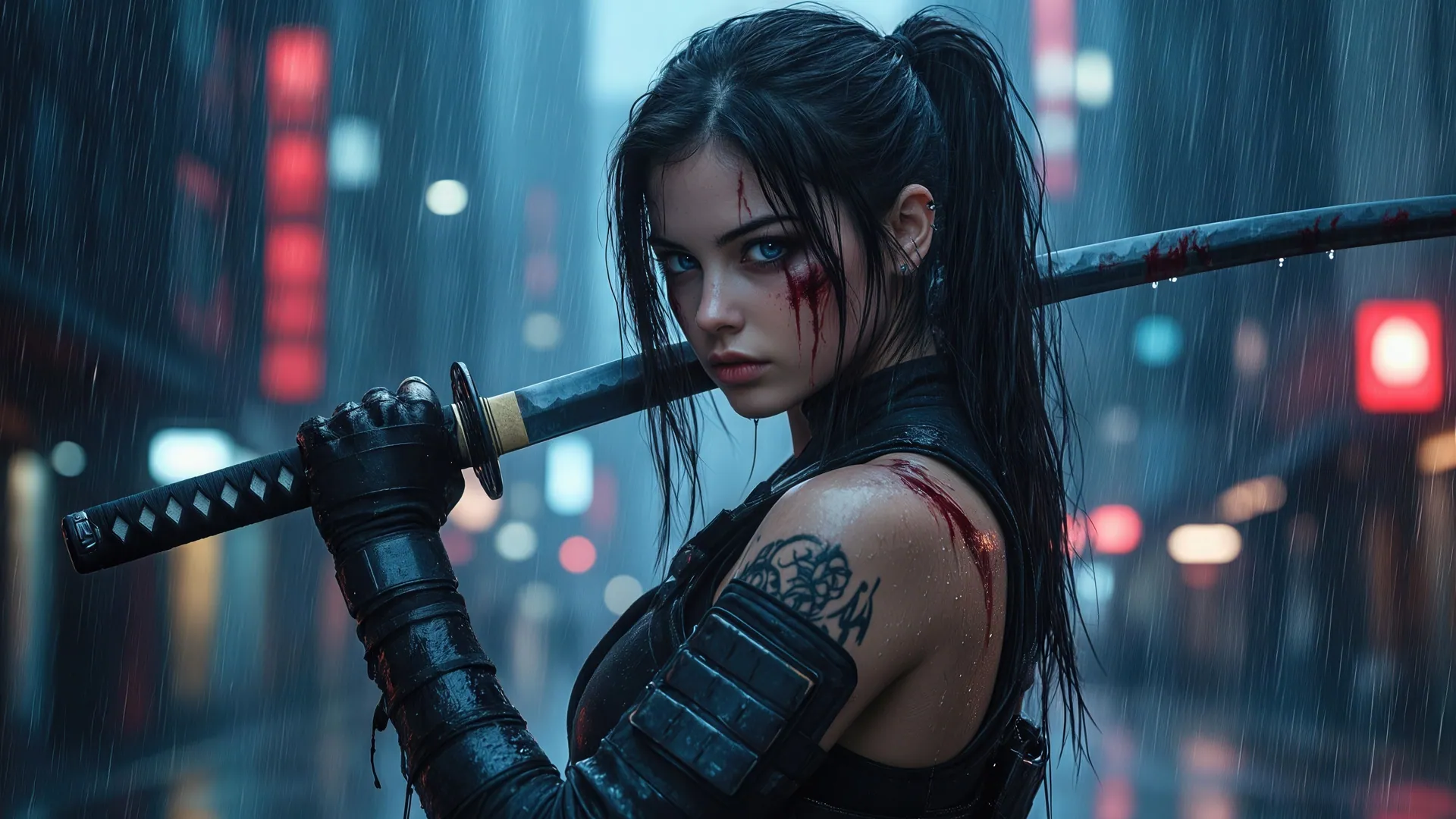 Rainsoaked Cyberpunk Samurai - backiee