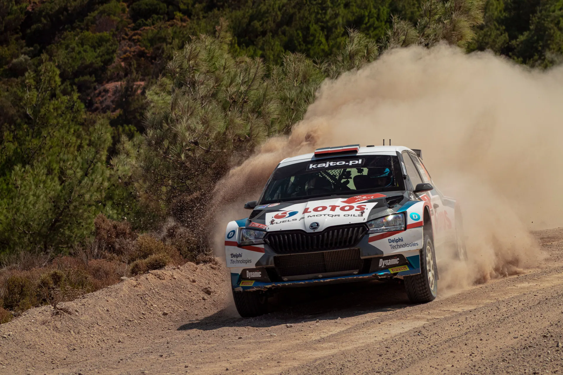 High-speed rally car kicking up dust on a rugged outdoor track, showcasing thrilling motorsport action.
