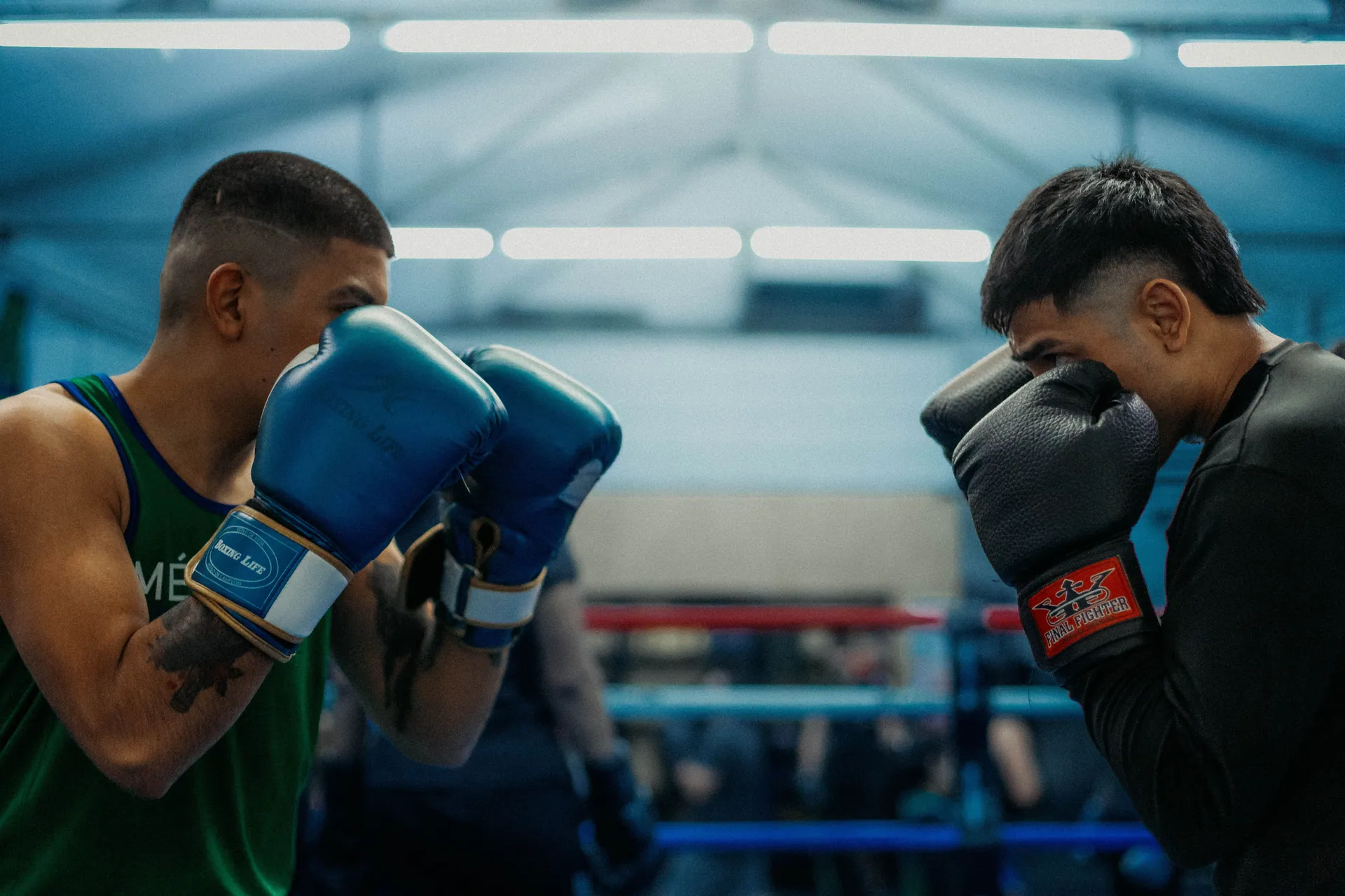 Two boxers sparring in a gym, showcasing intense focus and energy in Buenos Aires, Argentina.