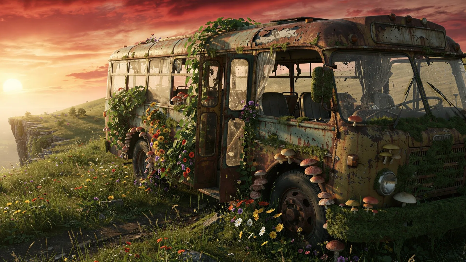 Rustbound Minibus Garden at Sunset in a Forgotten Fantasy Field - backiee