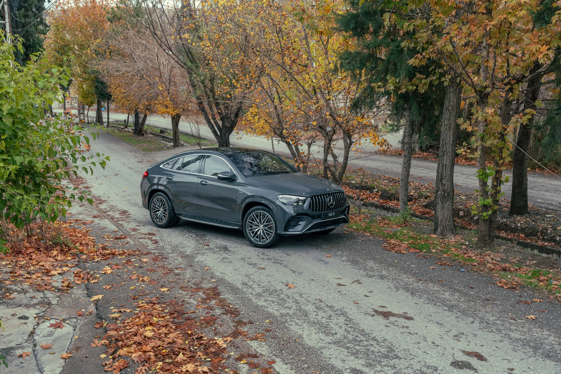 A sleek Mercedes-Benz parked on a picturesque autumn road lined with falling leaves.