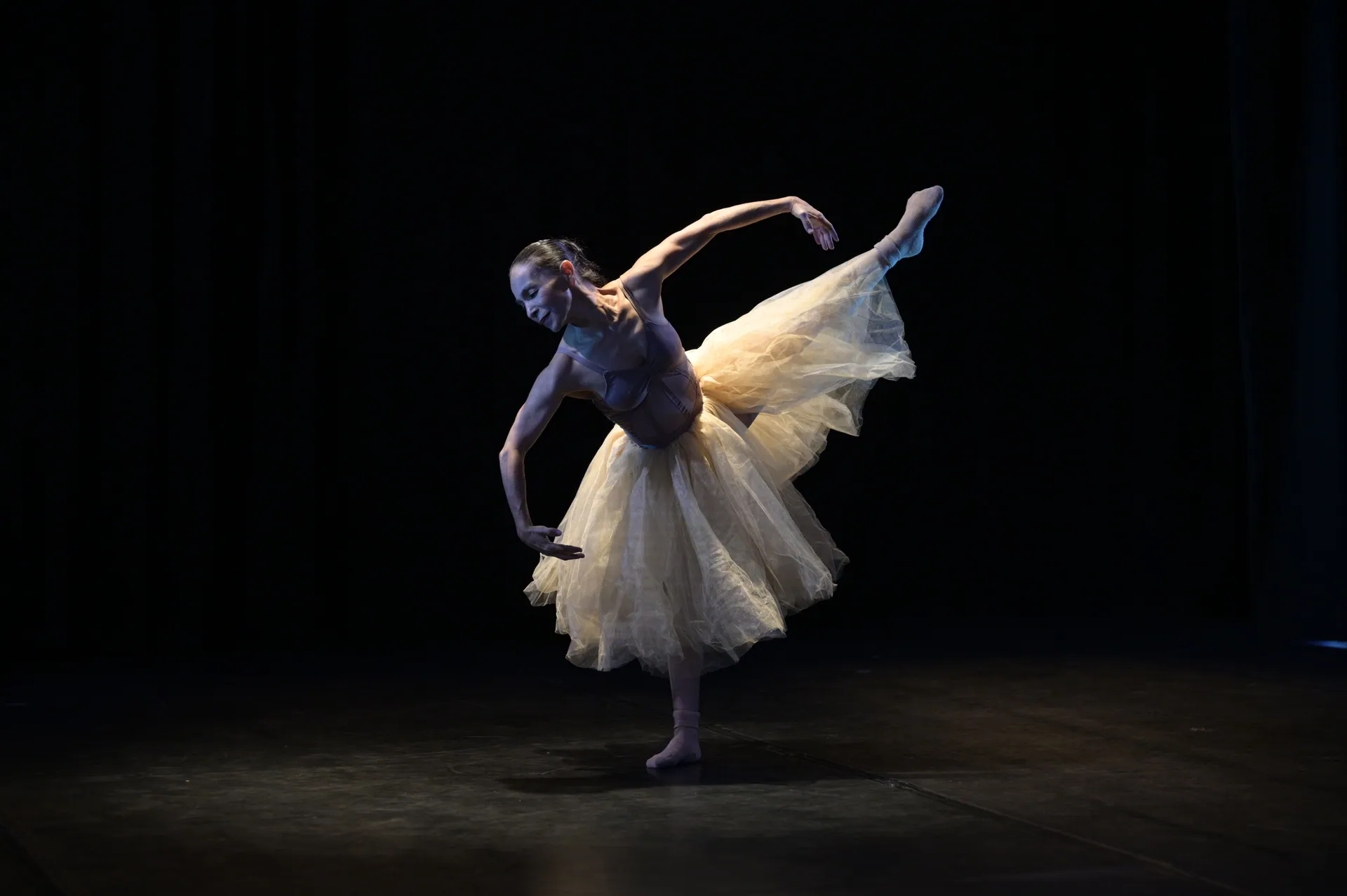 A graceful ballerina in a tutu performing an elegant dance on a dimly lit stage in Ciudad de México.
