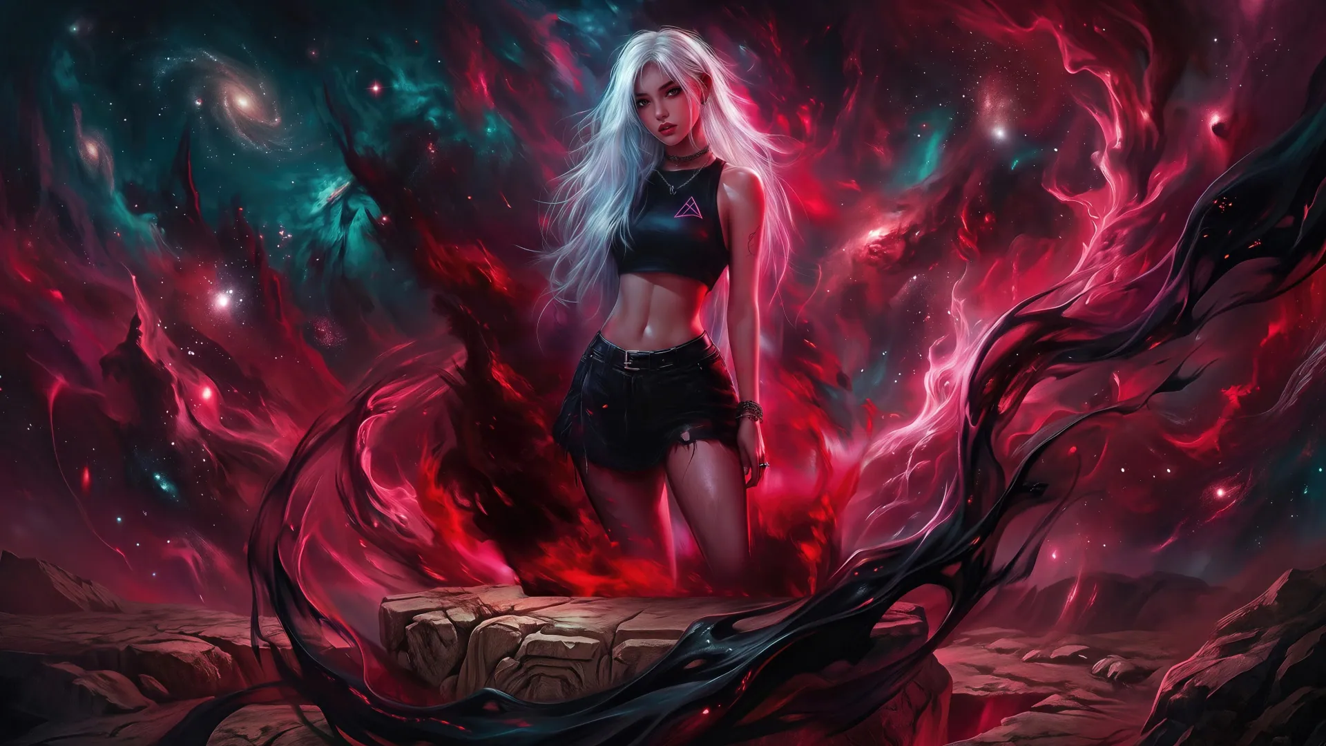 Cosmic White Haired Woman Amidst Crimson Nebulae - backiee