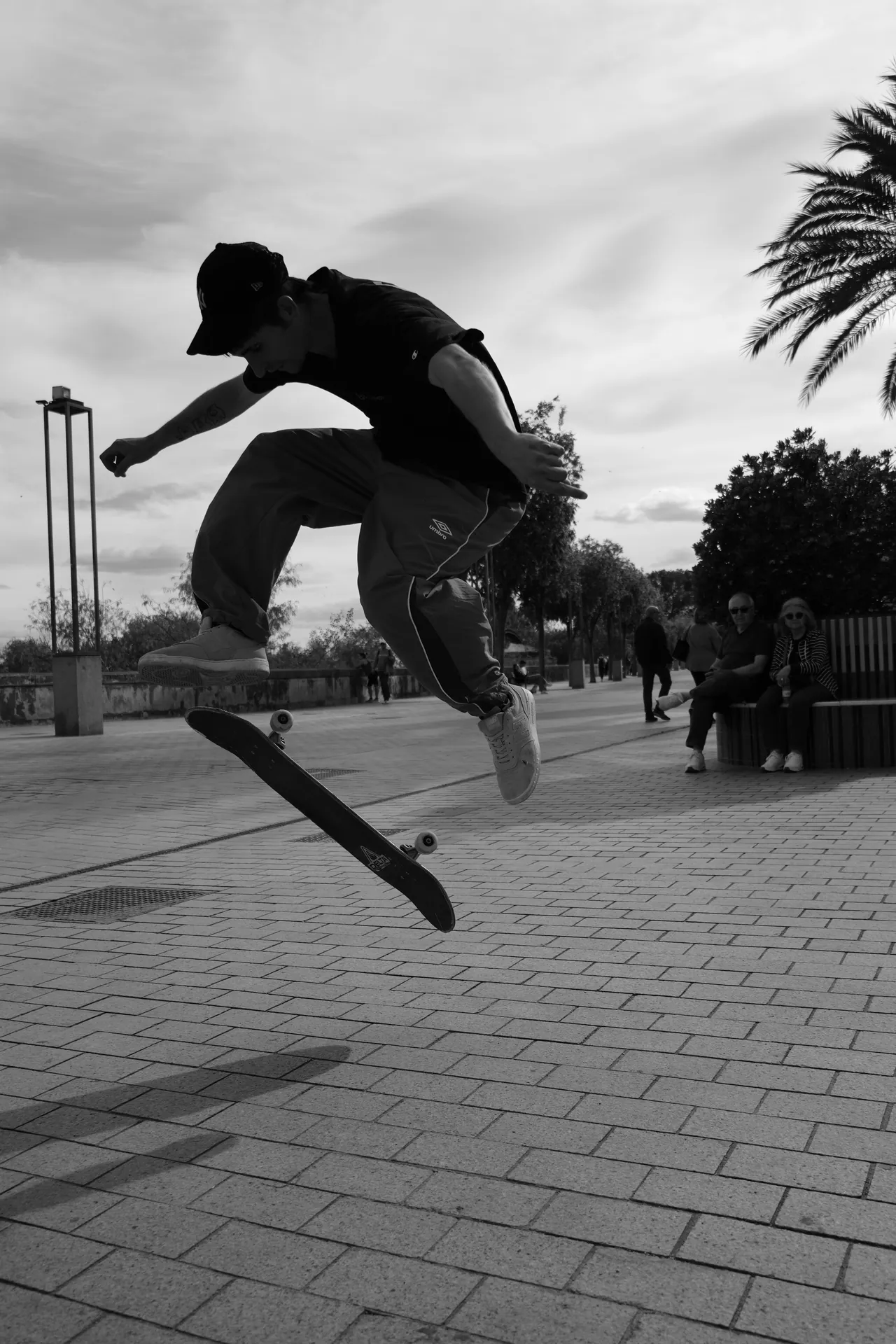 Silhouette of a skateboarder performing an aerial trick in a park. Urban energy captured.
