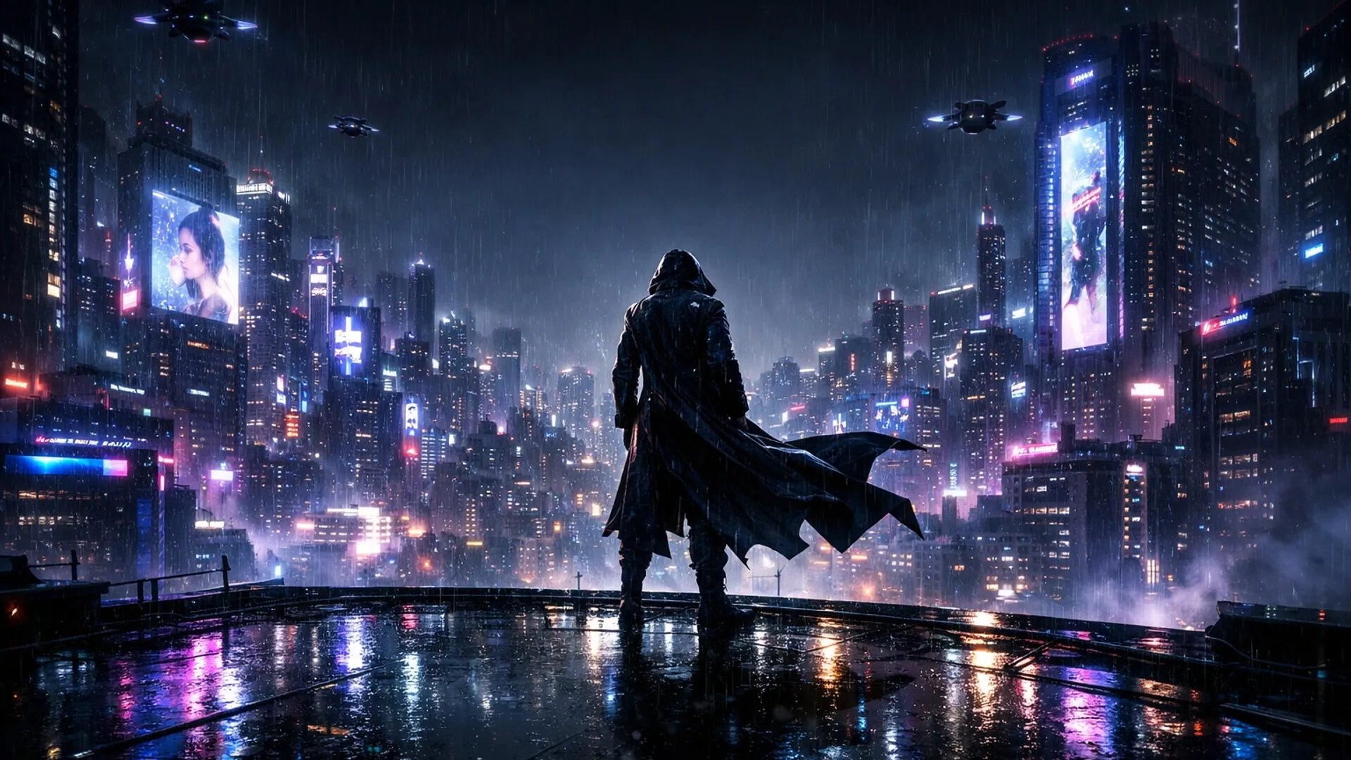 Cloaked Cyberpunk Sentinel Watching a Neon Metropolis in the Rain - backiee