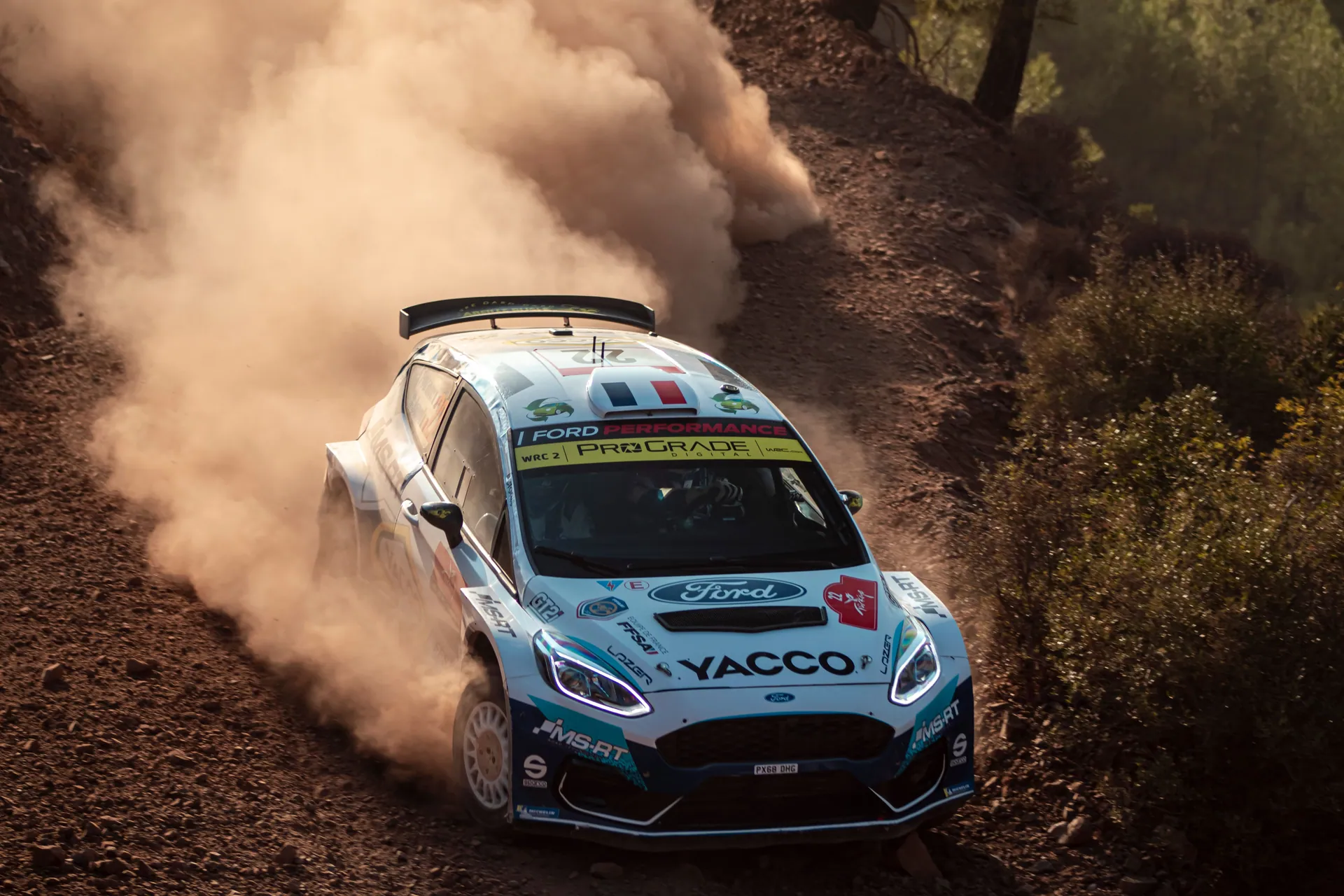 Exciting rally car race on a dirt track, kicking up dust and showcasing speed and skill.