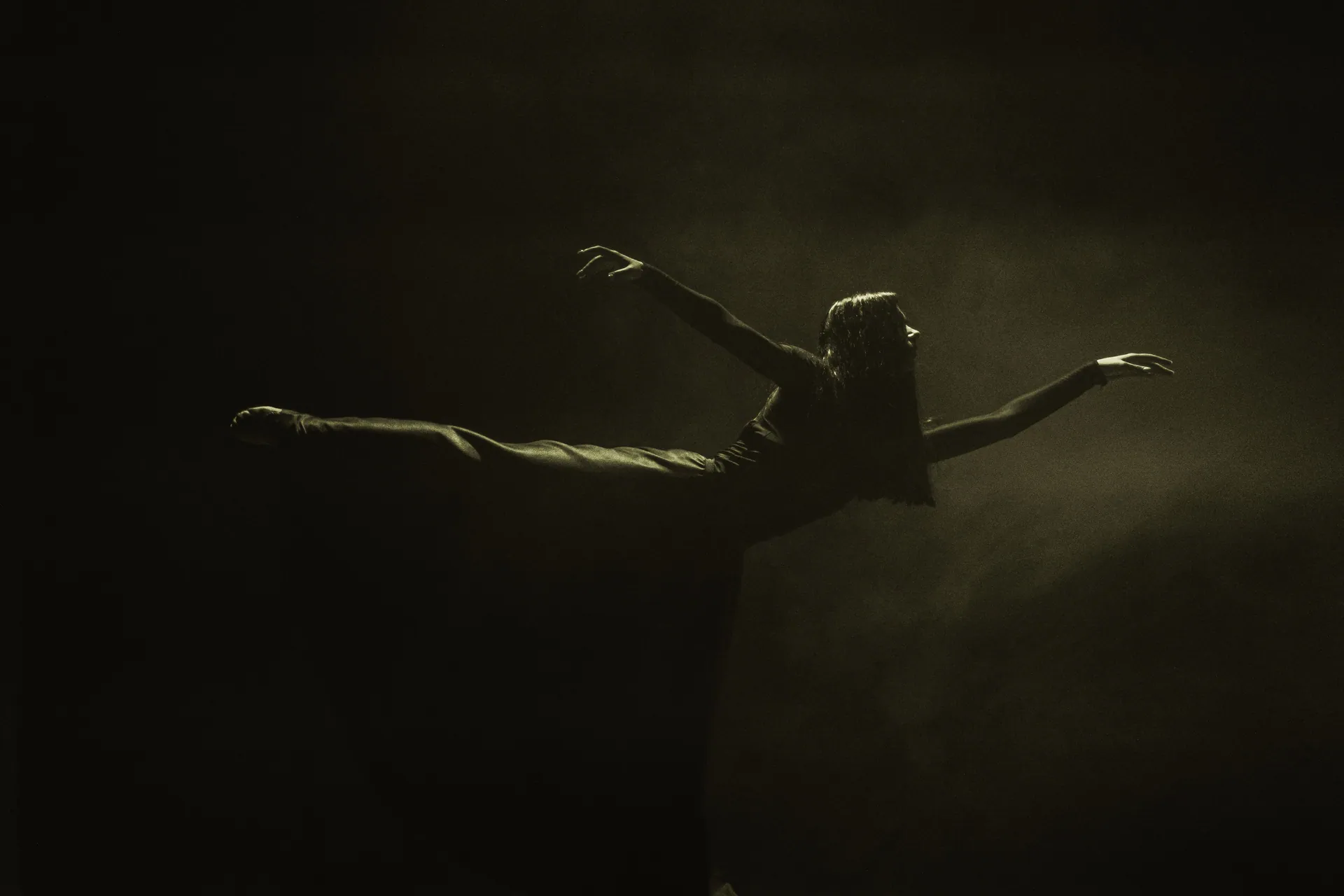 Silhouette of a woman dancing gracefully in a studio with a black background.