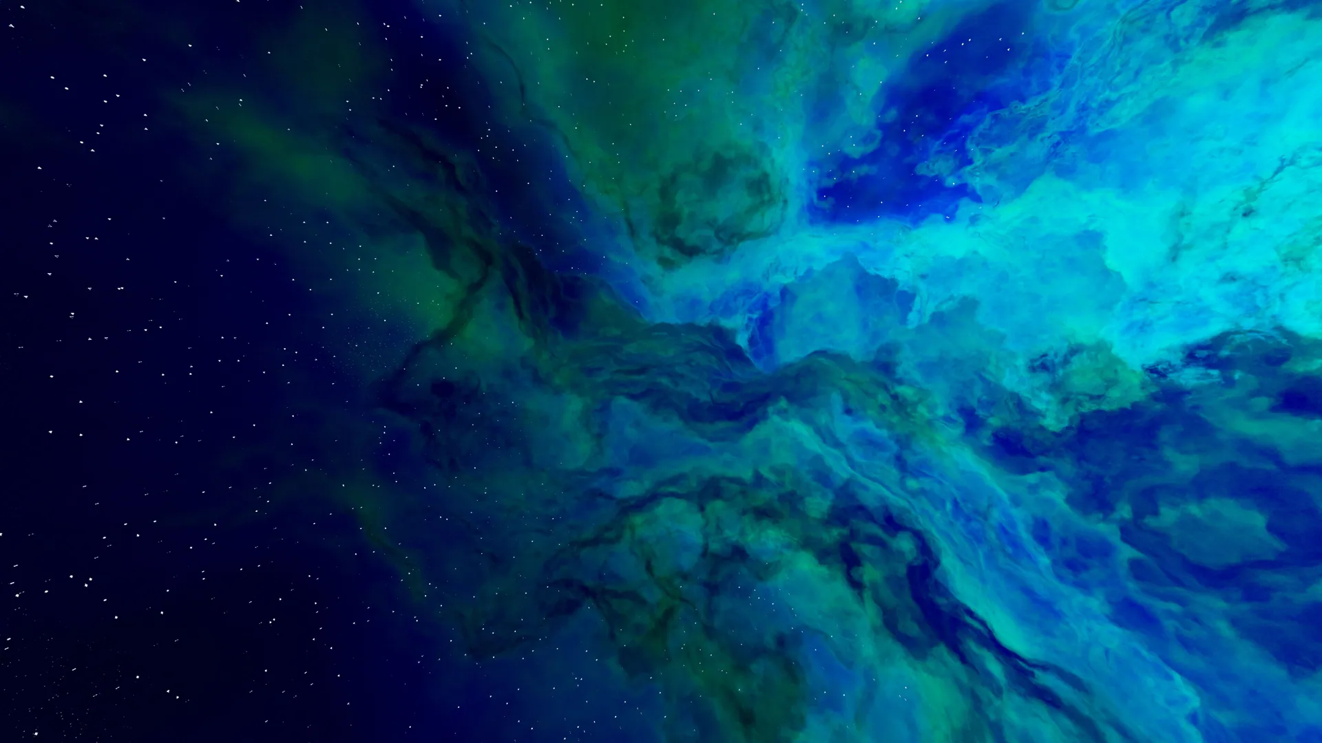 Vibrant blue and green nebula in space with shimmering stars and cosmic clouds.