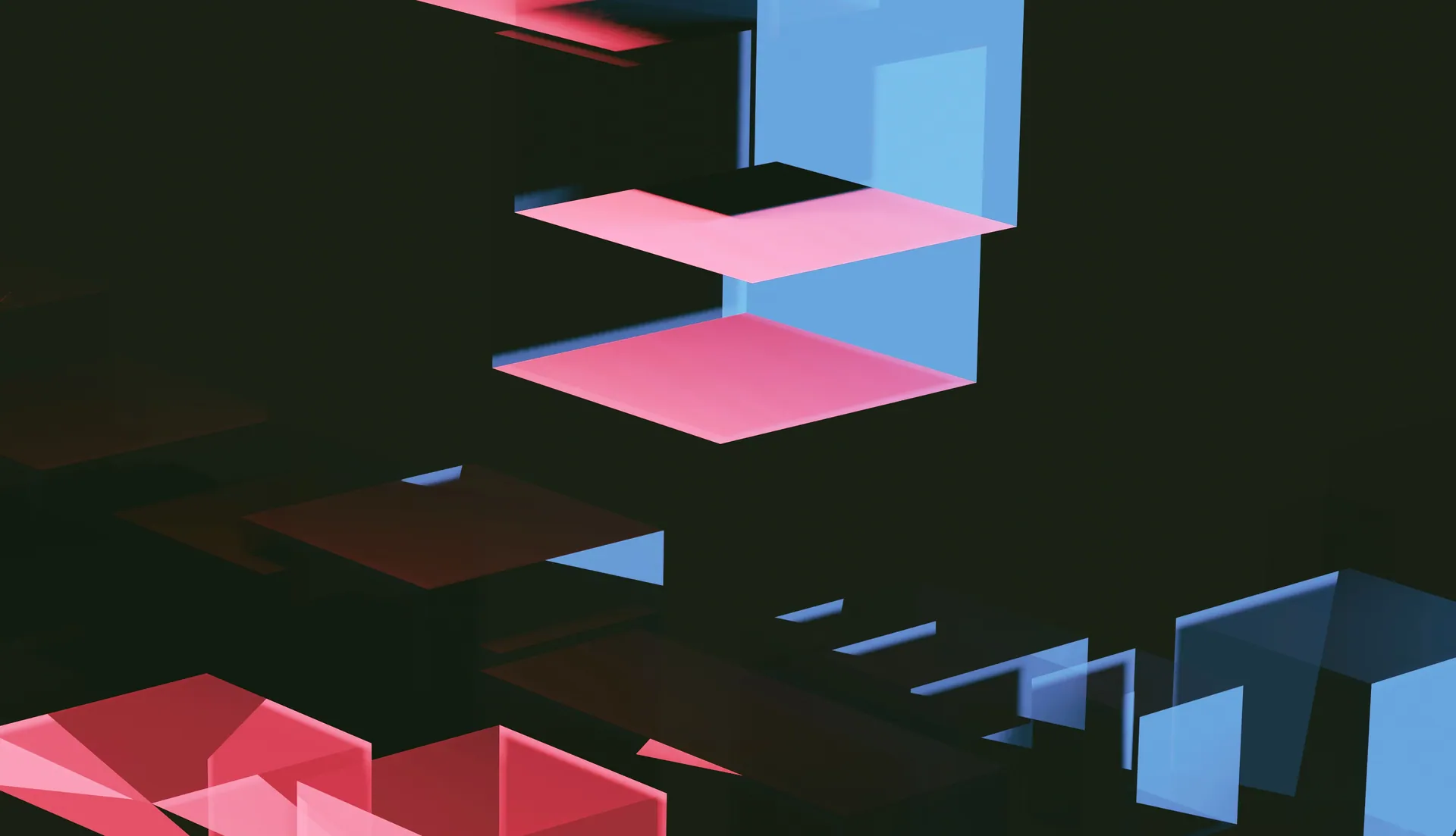 Stunning abstract geometric art piece featuring bold pink and blue shapes against a dark background, created using CGI.
