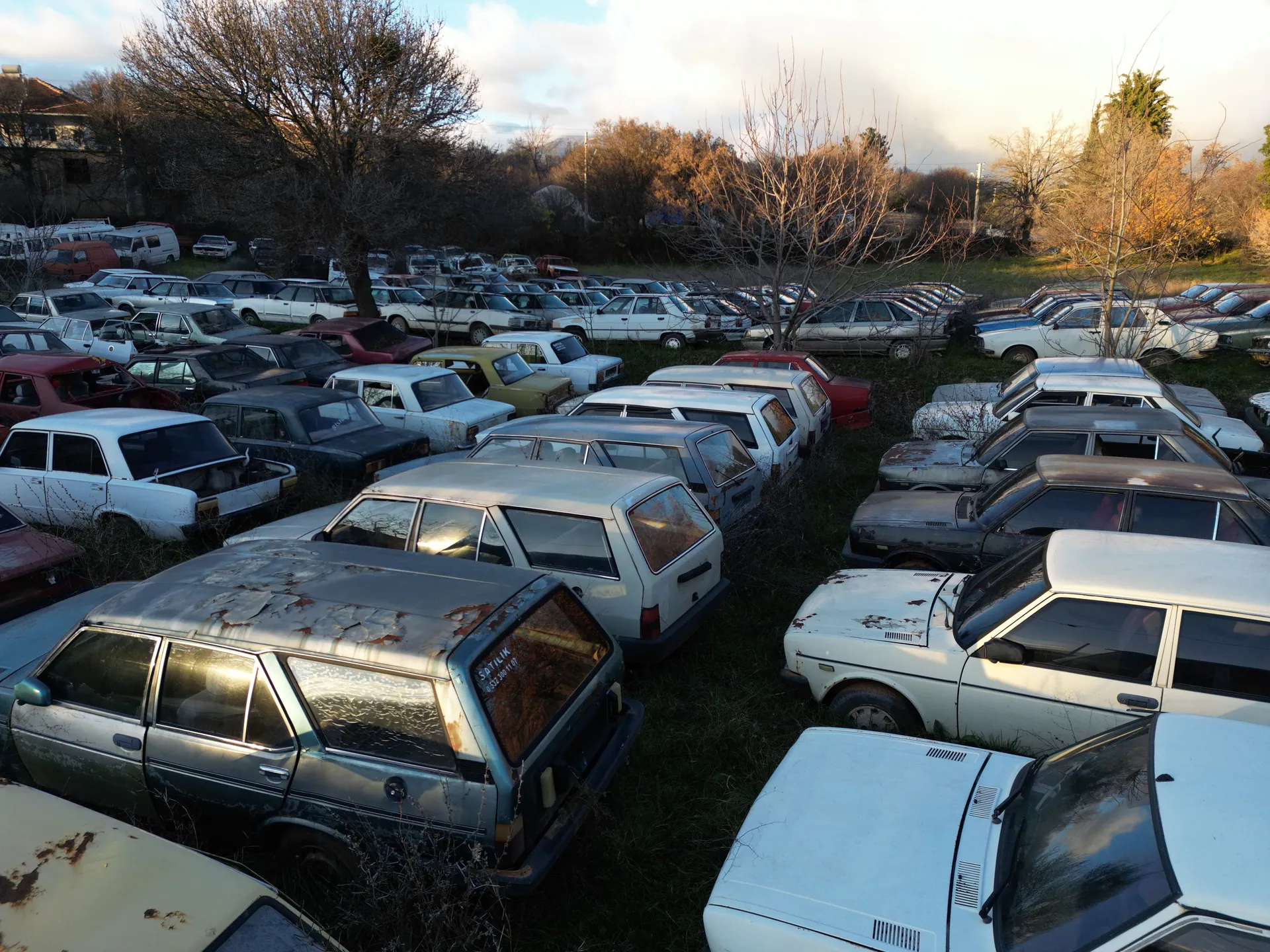 A collection of vintage cars in a junkyard amidst bare trees in Denizli, Türkiye.