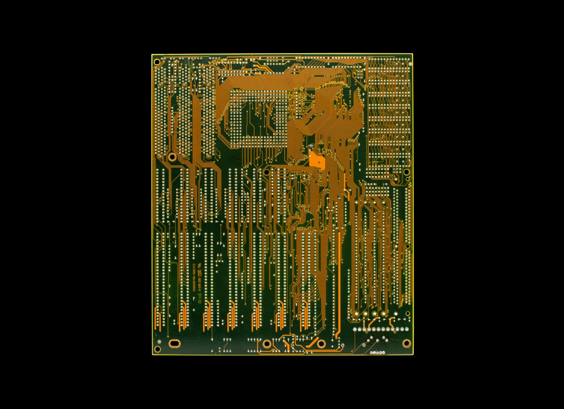 Close-up of a vintage circuit board with intricate electronic traces. Retro style.