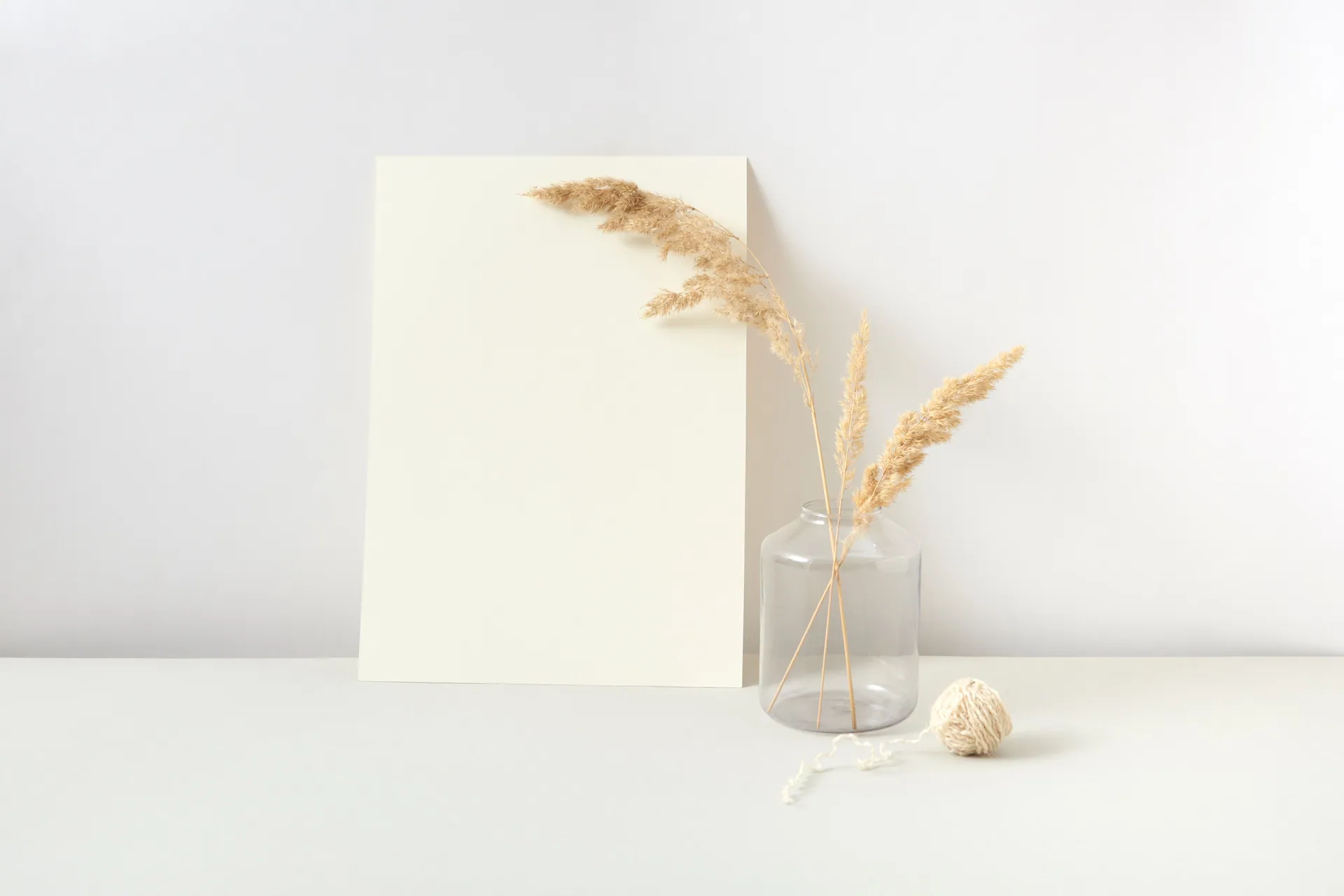 A minimalist composition featuring pampas grass in a glass jar, white paper, and yarn.
