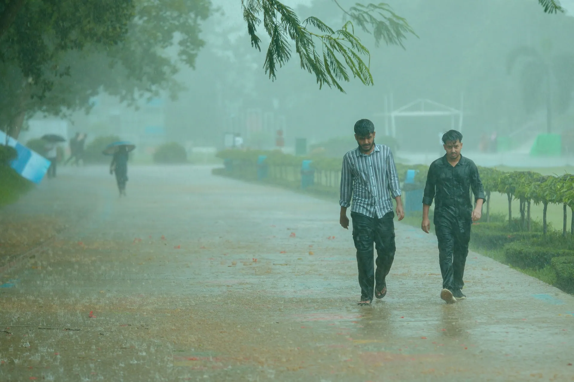 Two men stroll through a park pathway during a heavy rain shower, enjoying the rainy day.