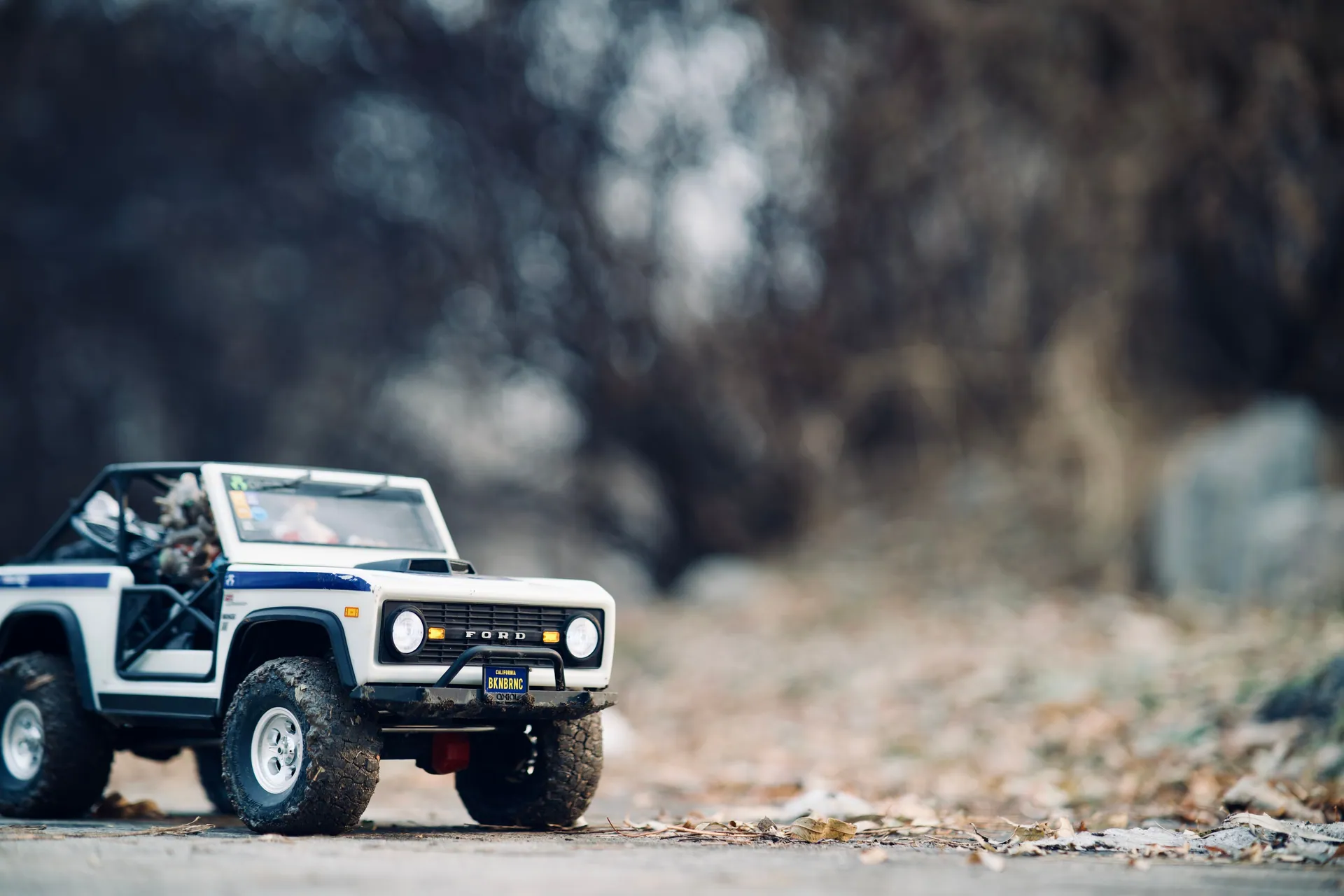 Close-up photograph of a Ford miniature toy car set outdoors in a natural setting, ideal for adventurous themes.