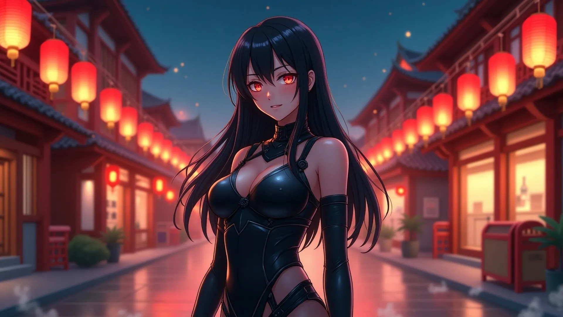 Midnight Lantern Street Anime Beauty with Long Flowing Hair - backiee