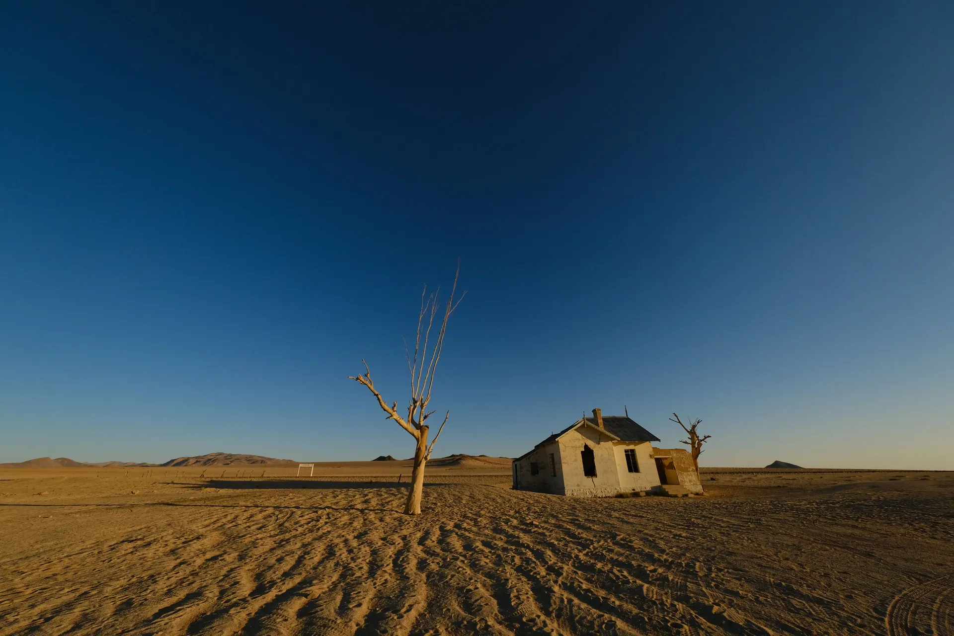 Desolate desert scene with a lone house and barren trees under a clear blue sky.