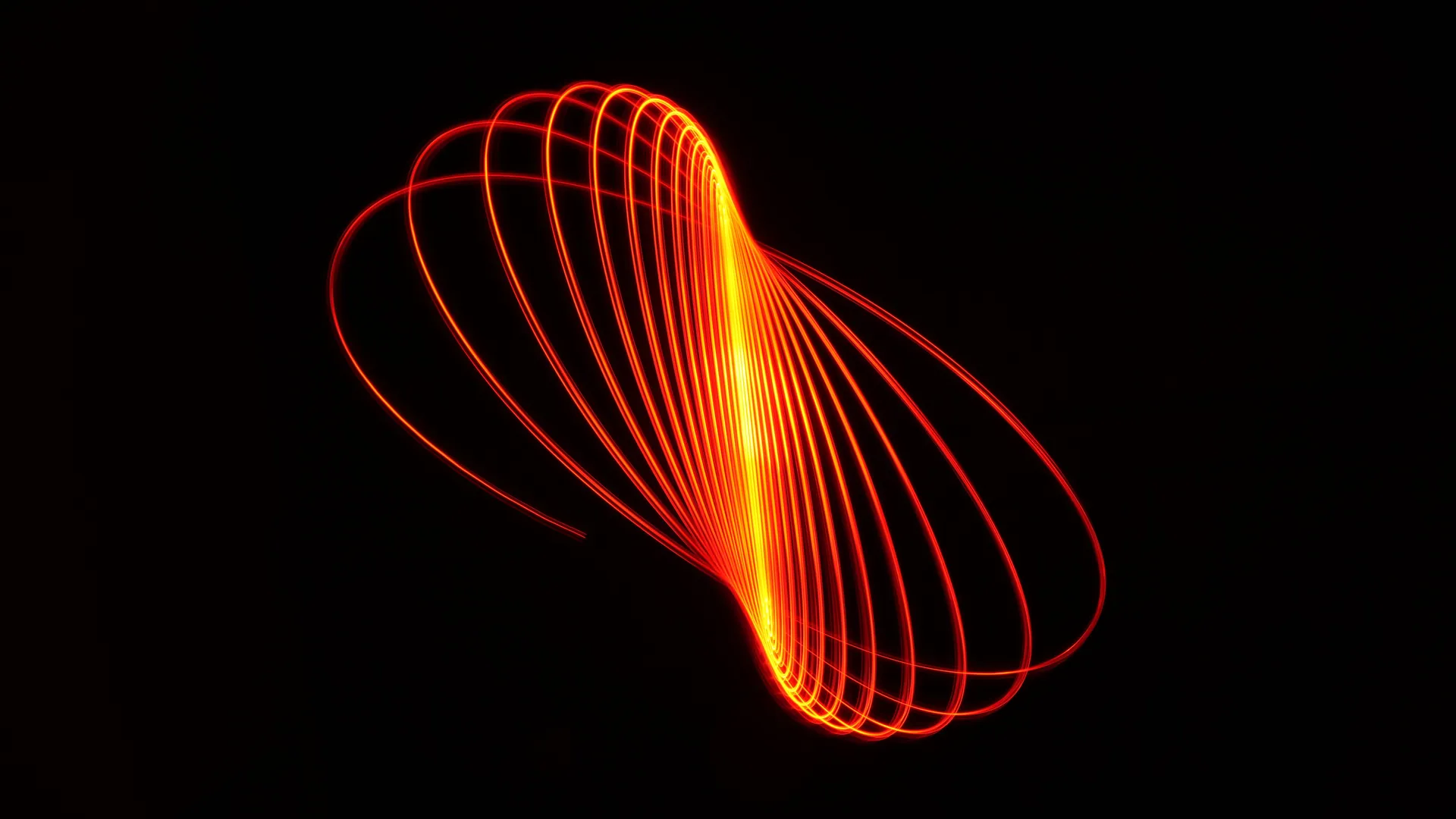 Dynamic abstract light painting featuring red glowing curves on a black background.