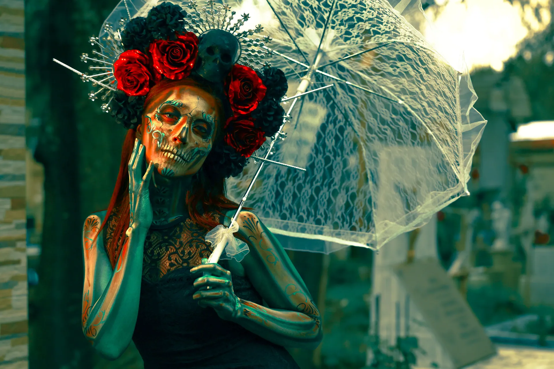 A vibrant Day of the Dead themed portrait featuring a person with traditional makeup and floral headdress, holding an umbrella.