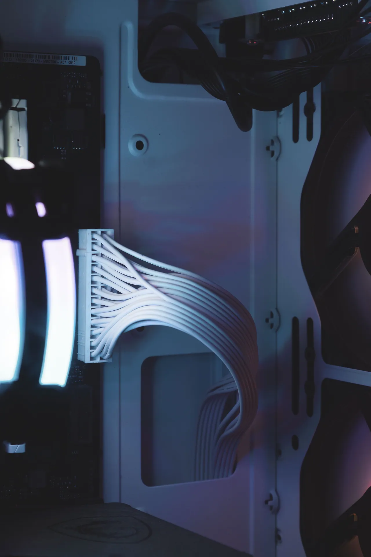 A detailed view of a computer's interior components and wiring.