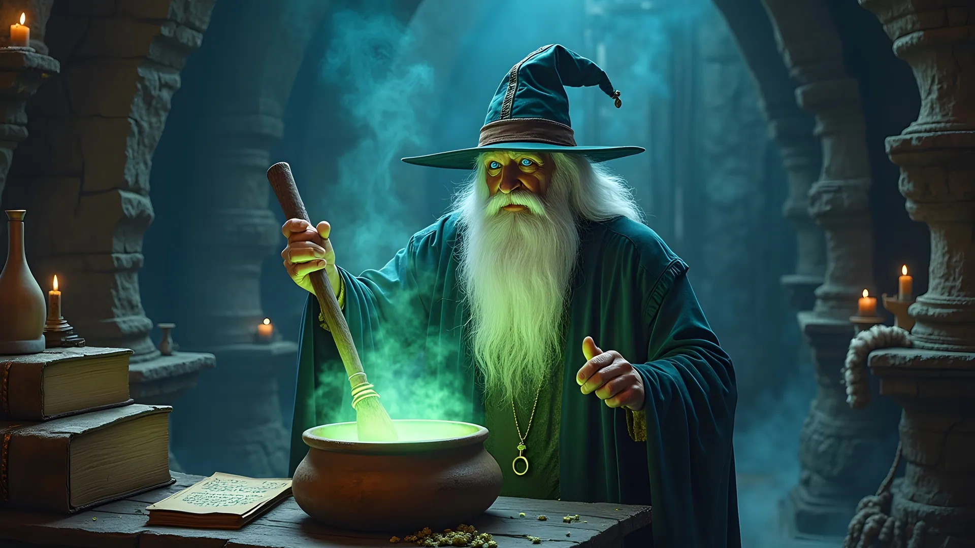 Arcane Cauldron Ritual in a Medieval Wizard Dungeon - backiee