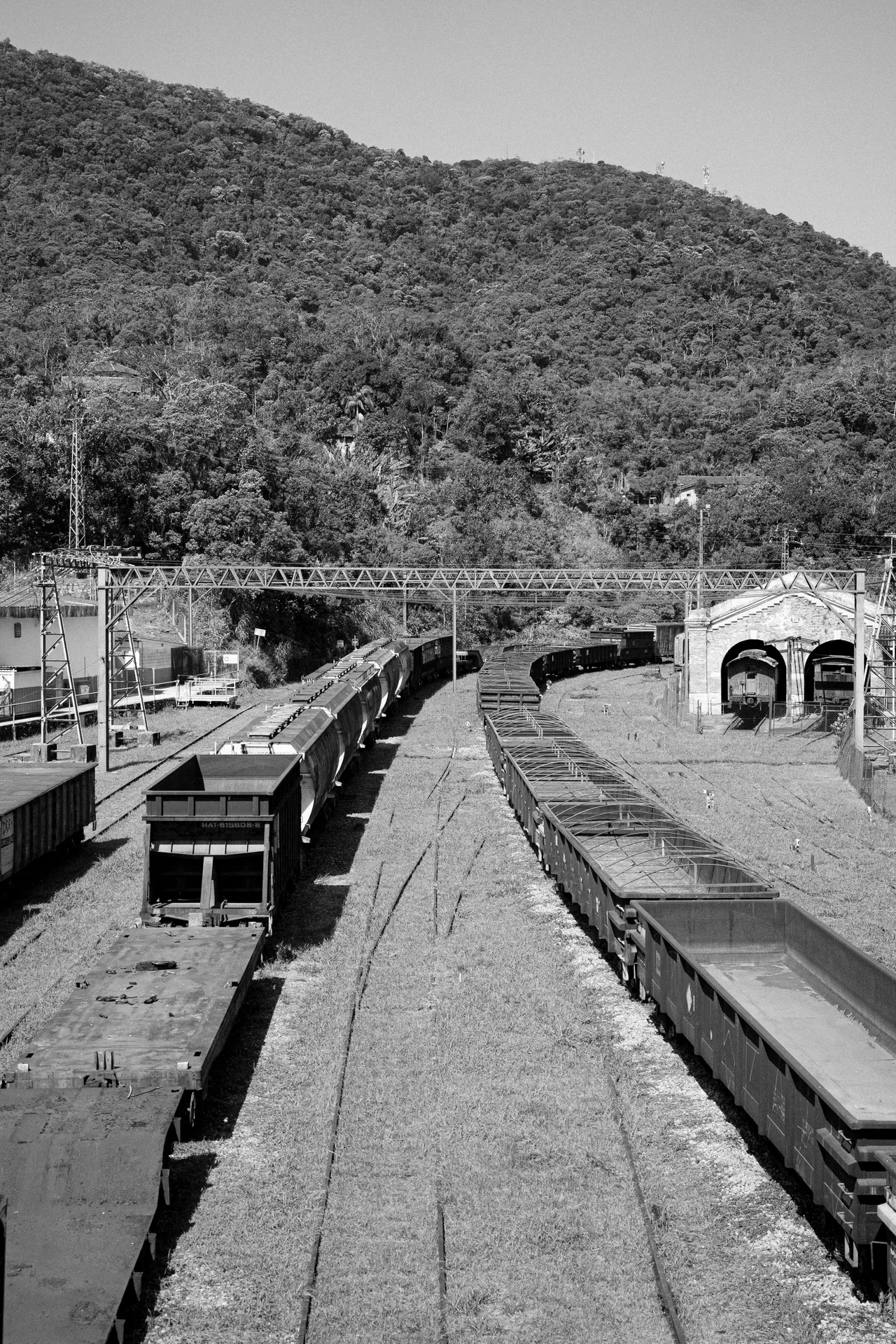 Monochrome view of a train yard surrounded by rolling hills, capturing industrial and natural elements.