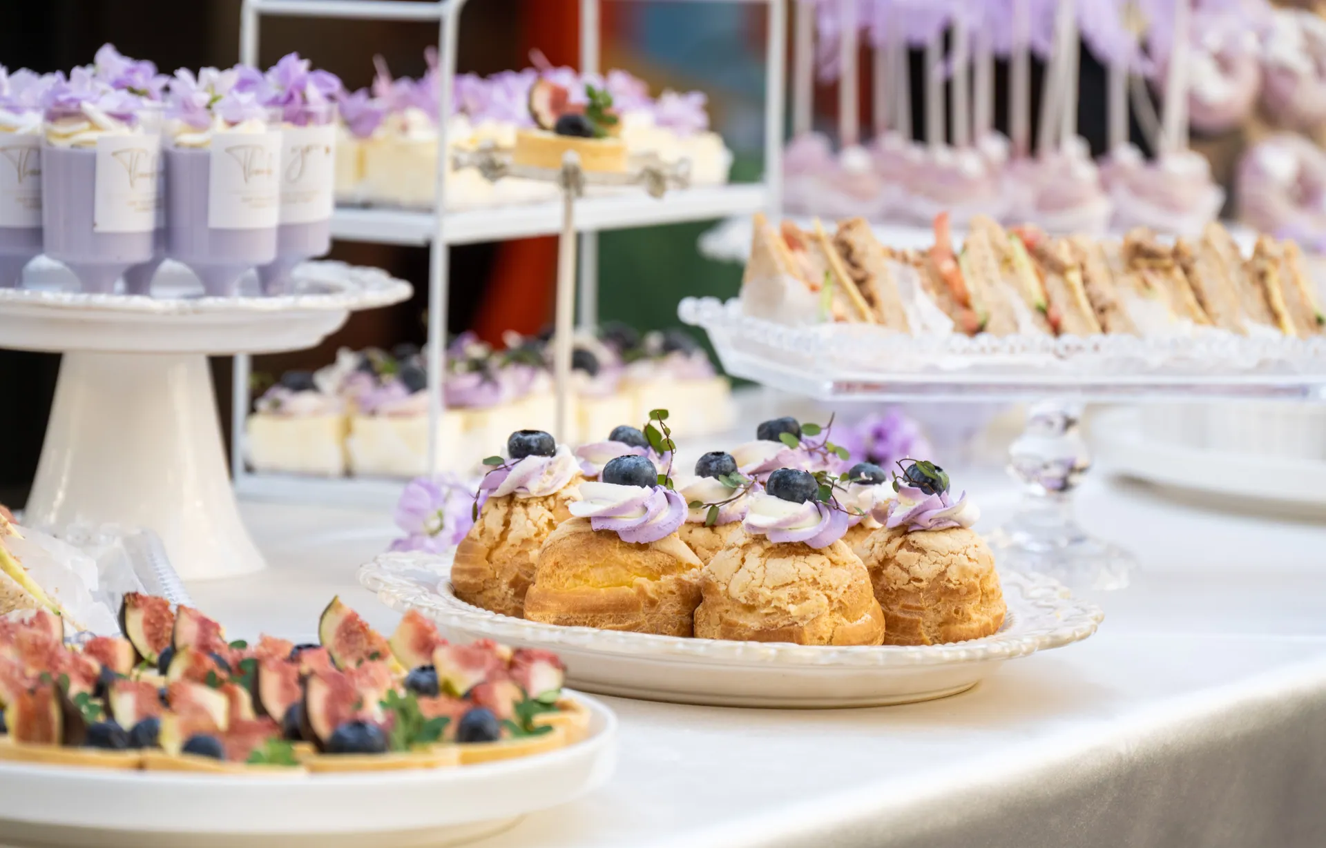 A delightful assortment of desserts and appetizers beautifully arranged for an outdoor event.