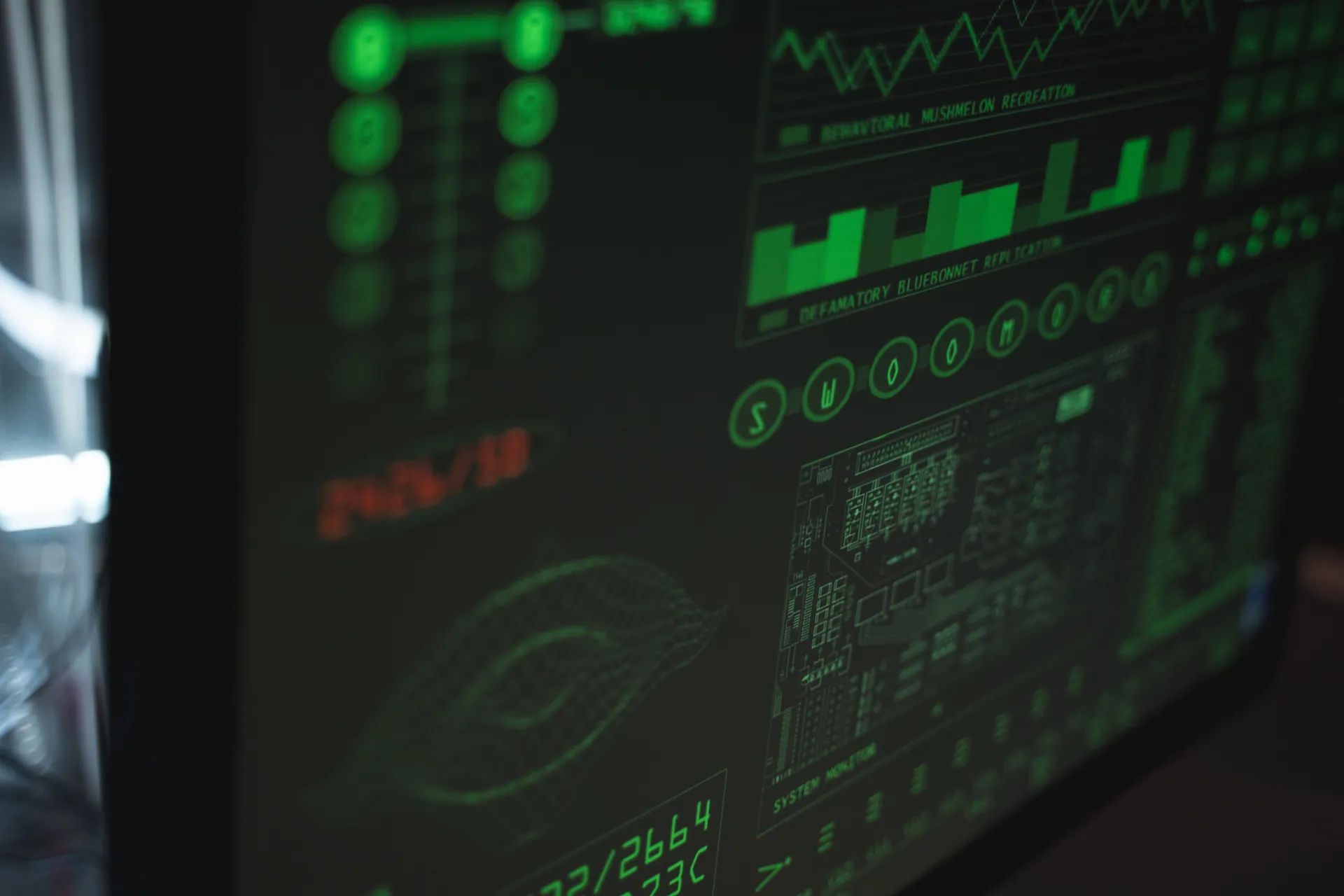 Close-up view of a computer displaying cybersecurity and data protection interfaces in green tones.