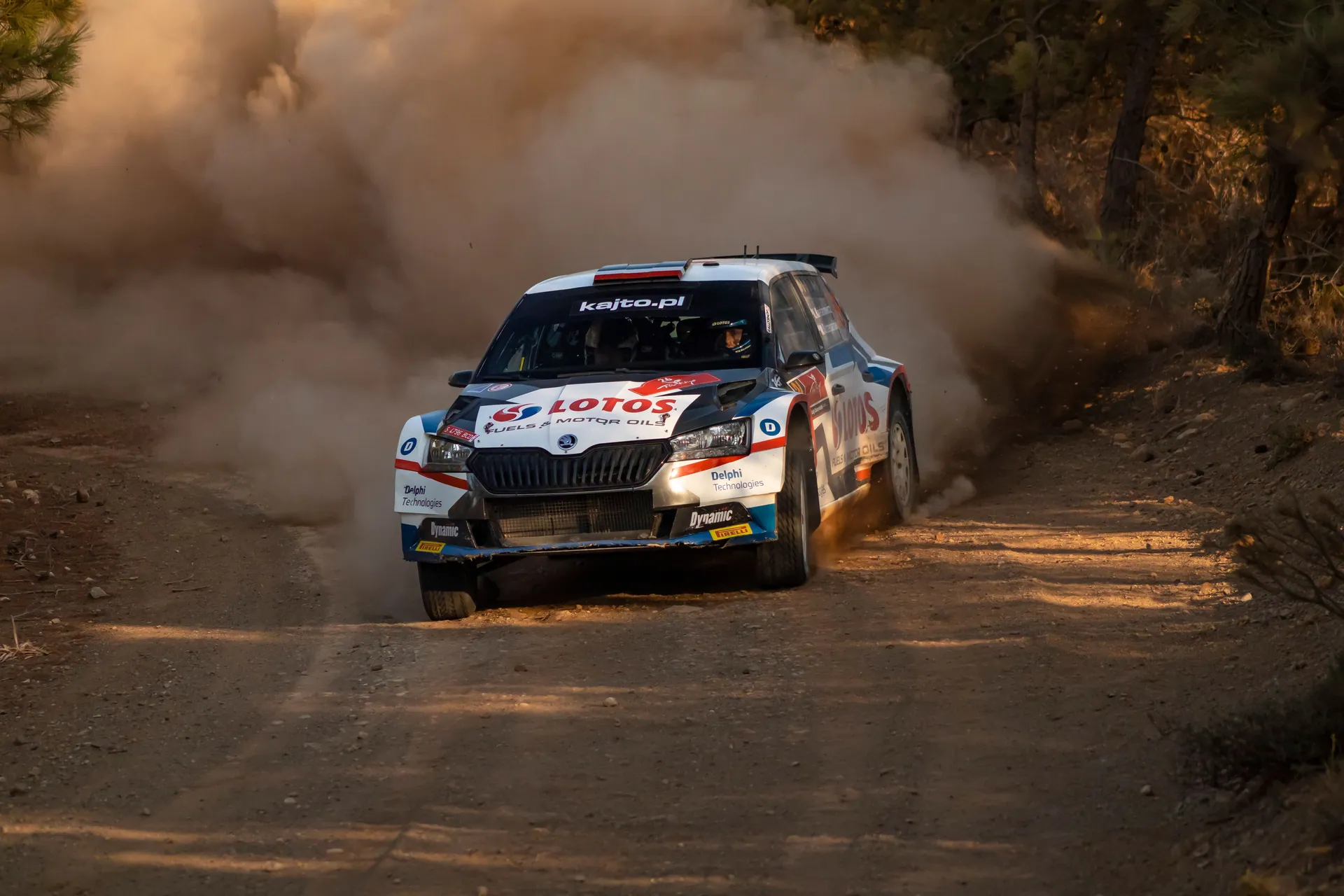 A high-speed rally car speeds through a dusty track, showcasing automotive precision and skill.