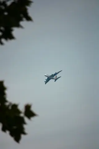 A large airplane flying through a clear blue sky, surrounded by nature.