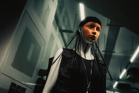 A stylish mannequin with a futuristic design in a dimly lit indoor setting.
