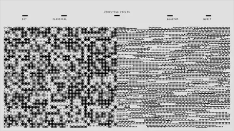Abstract design showcasing computing fields with geometric and binary patterns in black and white.