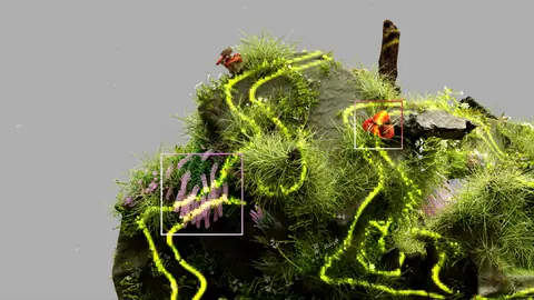 Digital representation of nature with neon elements and abstract plants suggesting AI influence.