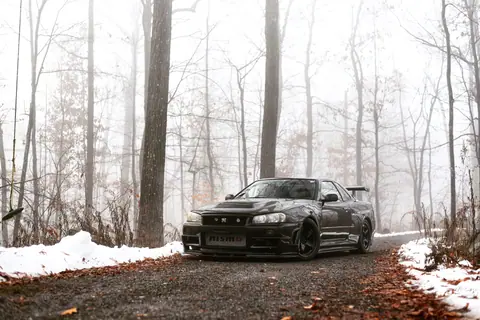 nissan-skyline-gtr-r34-black-winter-snow-autumn-forest