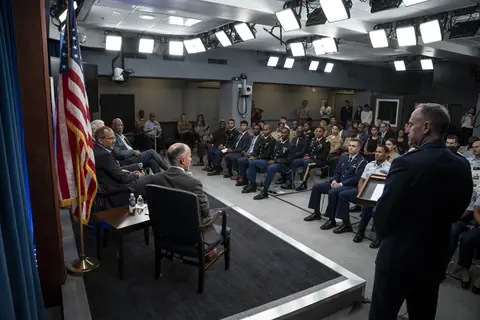 Morgan Freeman hosts a private screening and conversation about his documentary film on the 761st Tank Battalion at The Pentagon on Aug. 2, 2023 - 230802-D-PM193-3161