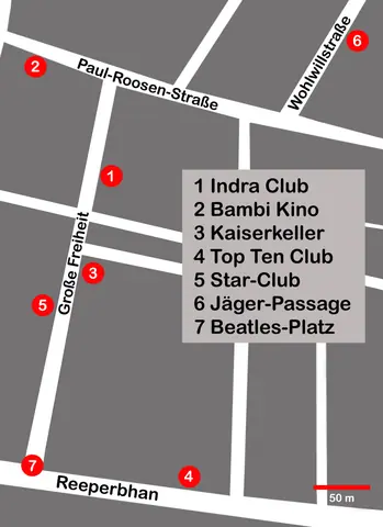 Map of Beatles' places of interest in Hamburg (St. Pauli)
