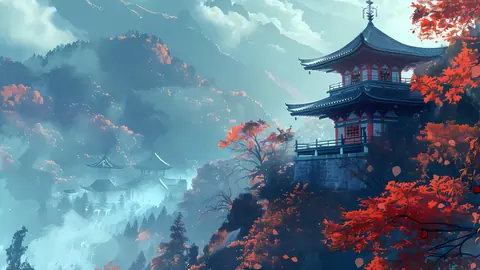 Misty Mountain Pagoda in Autumn Anime Landscape - backiee