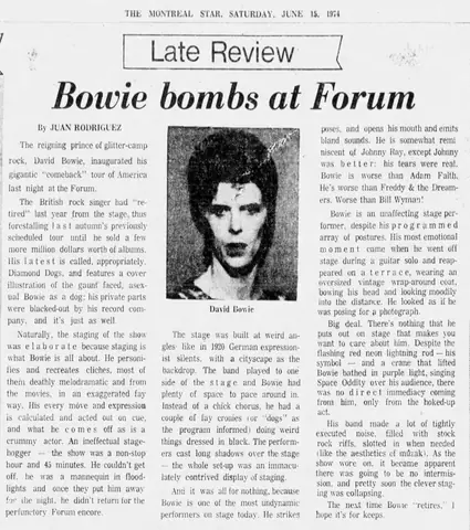 David Bowie Diamond Dogs Tour Review The Montreal Star Sat Jun 15 1974