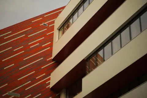 Diagonal view of a contemporary building facade in Bratislava showcasing modern design elements.