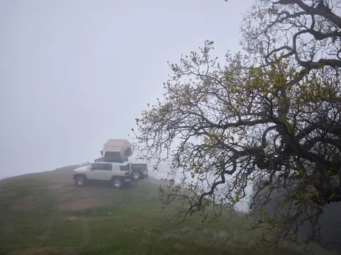 Misty camping scene with rooftop tent on vehicle in a fog-covered hillside, California.