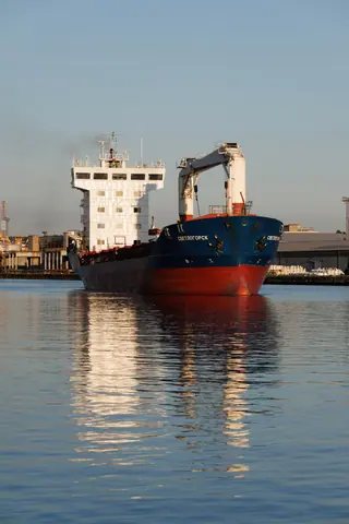 A large cargo ship docked in a harbor reflecting sunlight on a calm day.