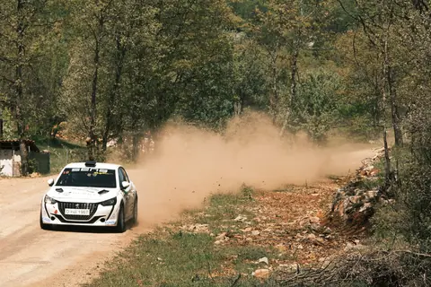 Dynamic rally car racing on a dusty road through wooded terrain in Bursa, Türkiye.