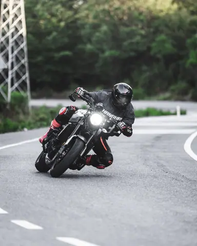 High-speed motorcyclist maneuvering a curve on a scenic forest road.