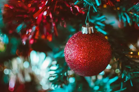 Close-up of a glittery red Christmas ball hanging on a green tree branch.