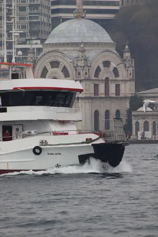 Passenger ferry by historic architecture in Istanbul, Turkey, showcasing maritime life and cityscape.