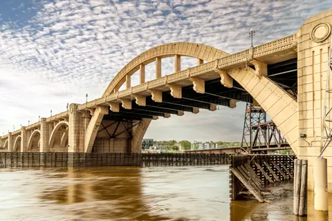 Majestic view of the Robert Street Bridge arching over the Mississippi River in St. Paul, Minnesota.