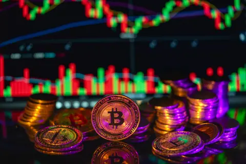 Stacks of Bitcoin with a colorful financial graph in the background depicting the dynamic cryptocurrency market.