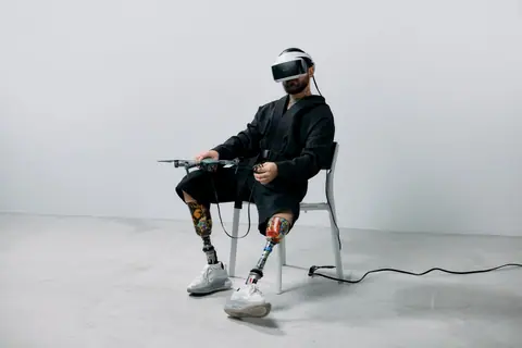 Amputee man using VR headset with prosthetic legs, exploring futuristic technology indoors.