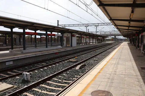 Railroad tracks and platforms at Puerto Real station, Andalucía, Spain.